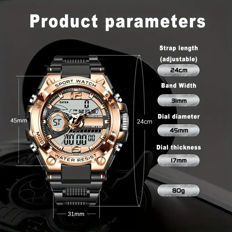 Montre militaire numérique en acier pour homme, à quartz et affichage LED 2