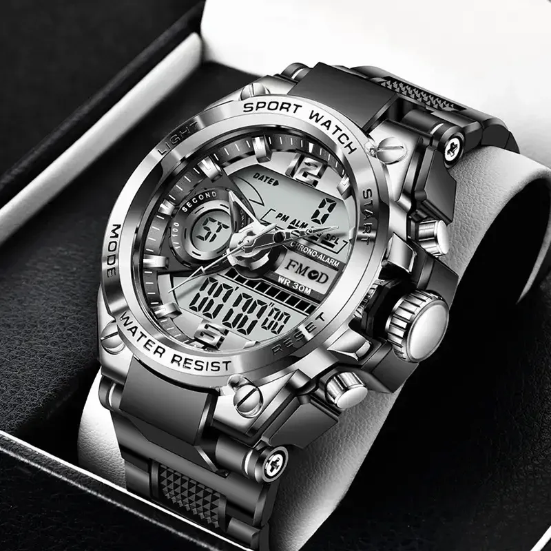 Montre militaire numérique en acier pour homme, à quartz et affichage LED 7