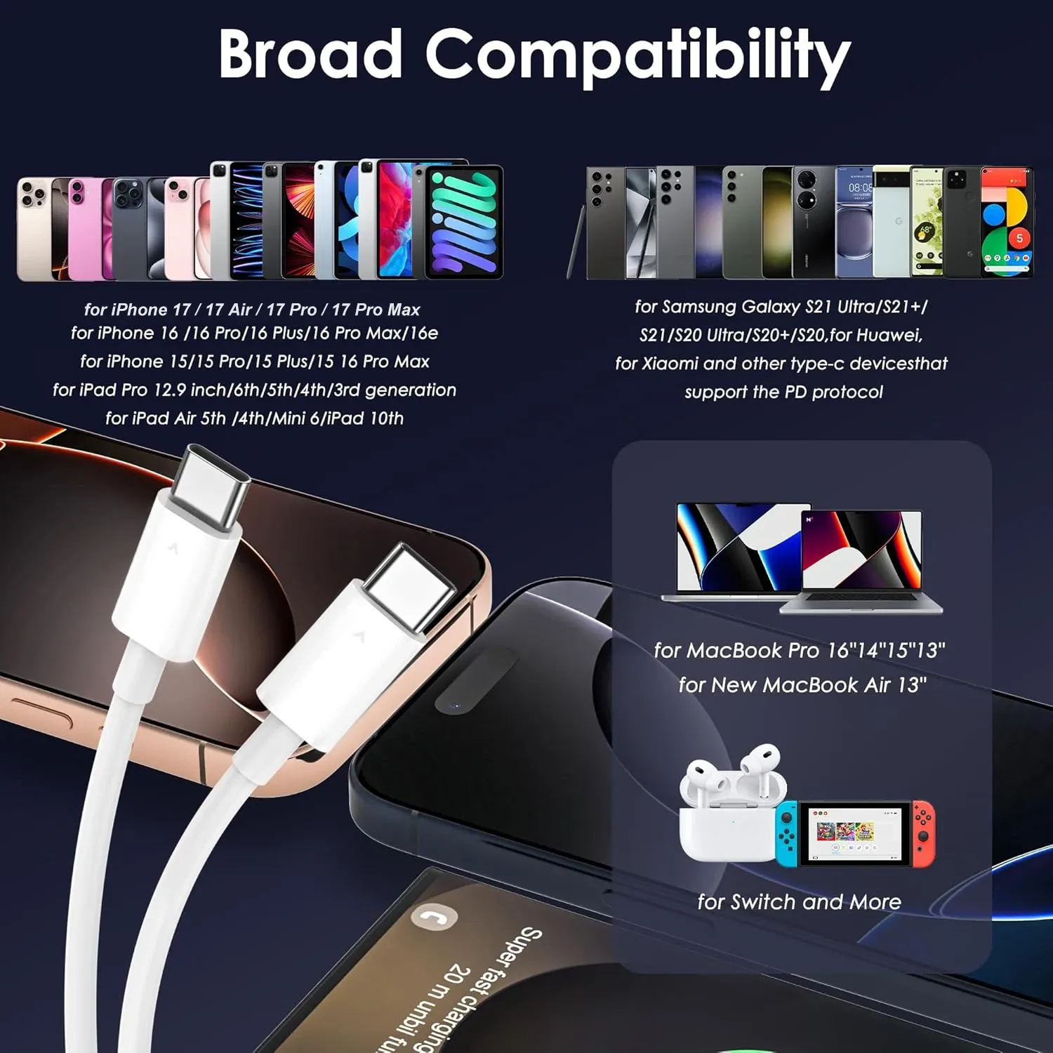 Câble de charge rapide USB-C vers USB-C pour Xiaomi, Huawei, Samsung et iPhone 17, 16, 15, 60 W, charge sûre et efficace 6