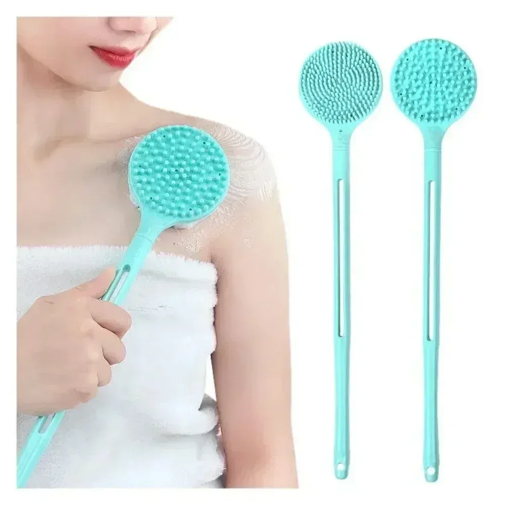 Brosse de bain en silicone à long manche, double face, gommage et massage du dos 2