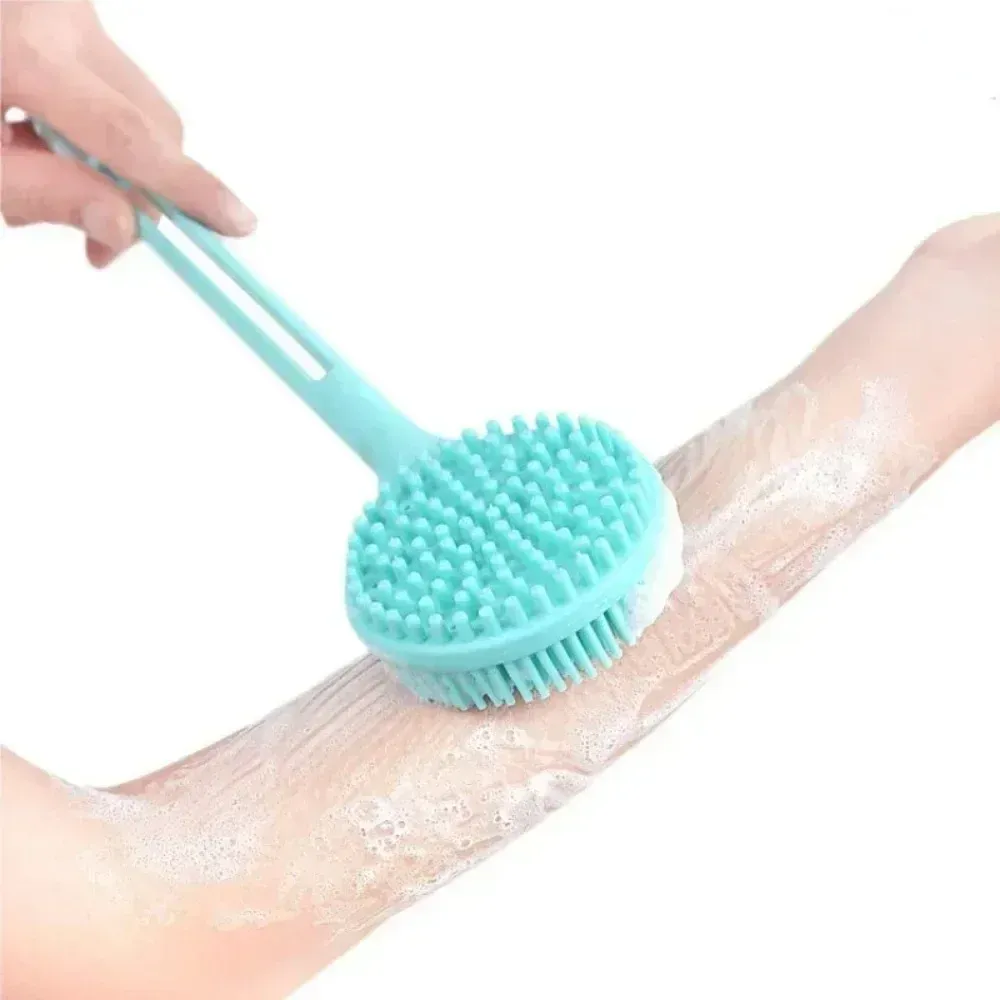 Brosse de bain en silicone à long manche, double face, gommage et massage du dos 3