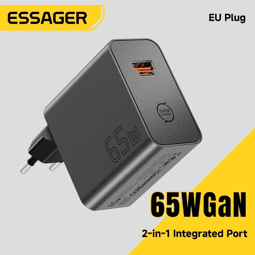 Chargeur GaN ESSAGER 65W PD 3.0 PPS QC 4.0 compatible iPhone 17, iPhone 16, Samsung S26, MacBook Air, Huawei et ordinateurs portables, chargeur rapide USB-C