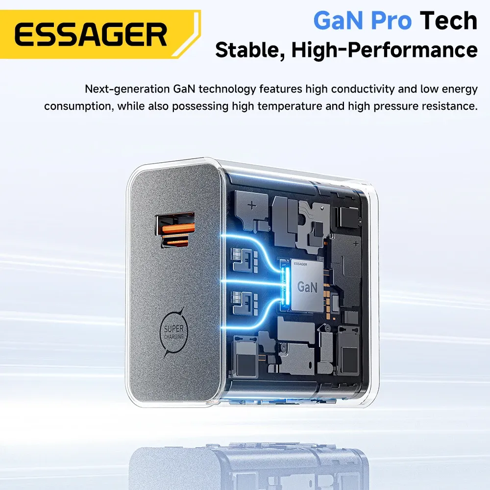 Chargeur GaN ESSAGER 65W PD 3.0 PPS QC 4.0 compatible iPhone 17, iPhone 16, Samsung S26, MacBook Air, Huawei et ordinateurs portables, chargeur rapide USB-C 3
