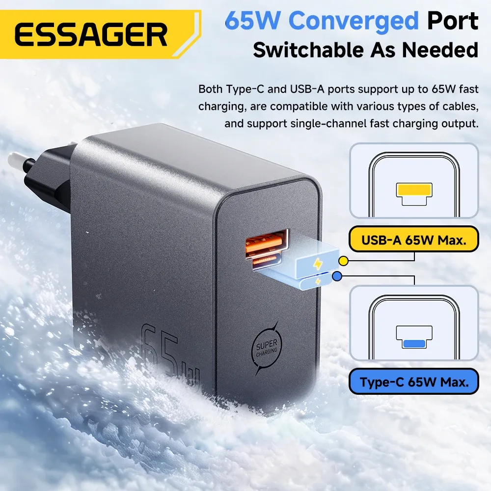 Chargeur GaN ESSAGER 65W PD 3.0 PPS QC 4.0 compatible iPhone 17, iPhone 16, Samsung S26, MacBook Air, Huawei et ordinateurs portables, chargeur rapide USB-C 2