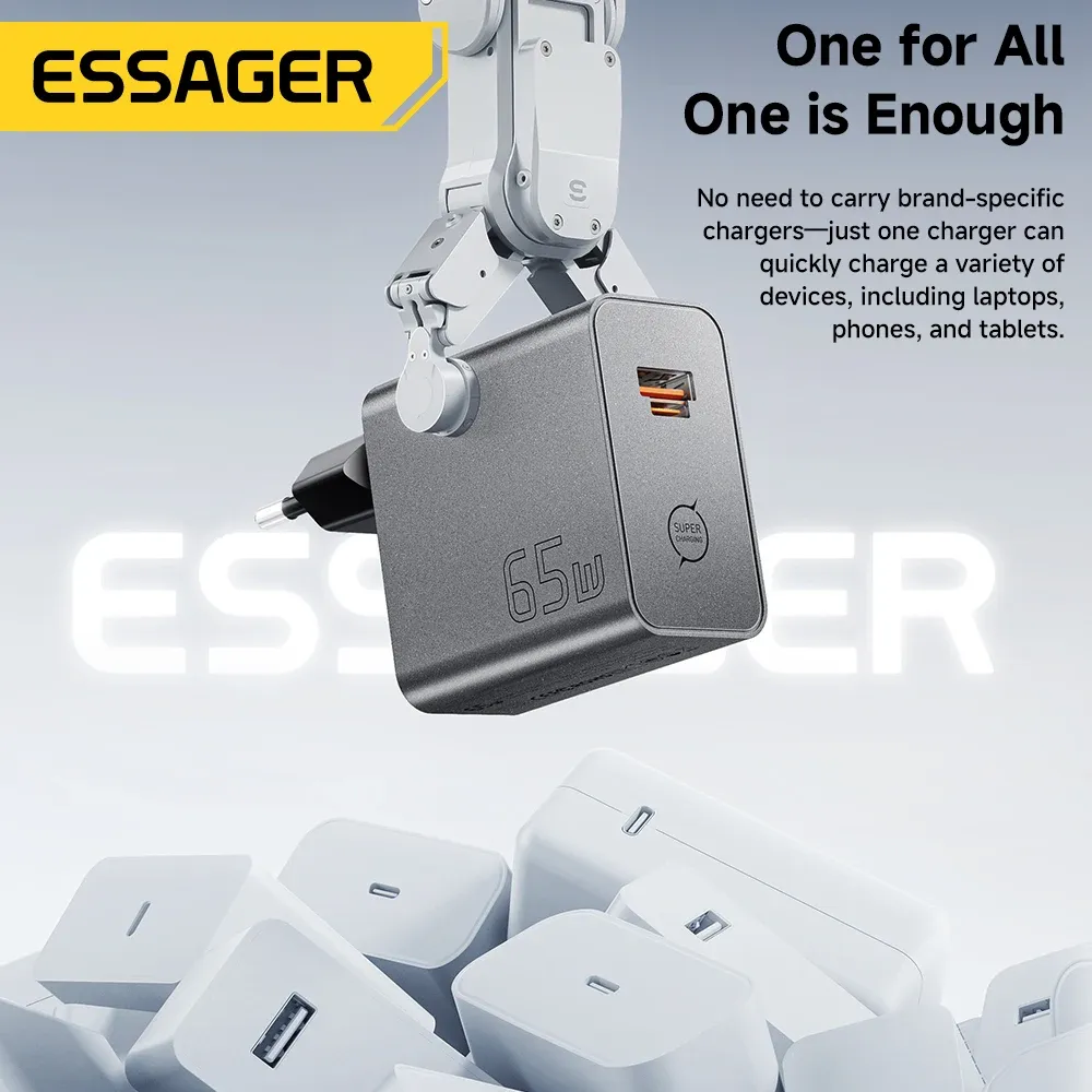 Chargeur GaN ESSAGER 65W PD 3.0 PPS QC 4.0 compatible iPhone 17, iPhone 16, Samsung S26, MacBook Air, Huawei et ordinateurs portables, chargeur rapide USB-C 4