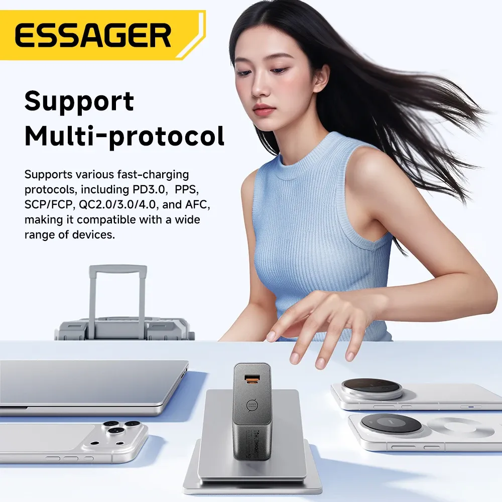 Chargeur GaN ESSAGER 65W PD 3.0 PPS QC 4.0 compatible iPhone 17, iPhone 16, Samsung S26, MacBook Air, Huawei et ordinateurs portables, chargeur rapide USB-C 6