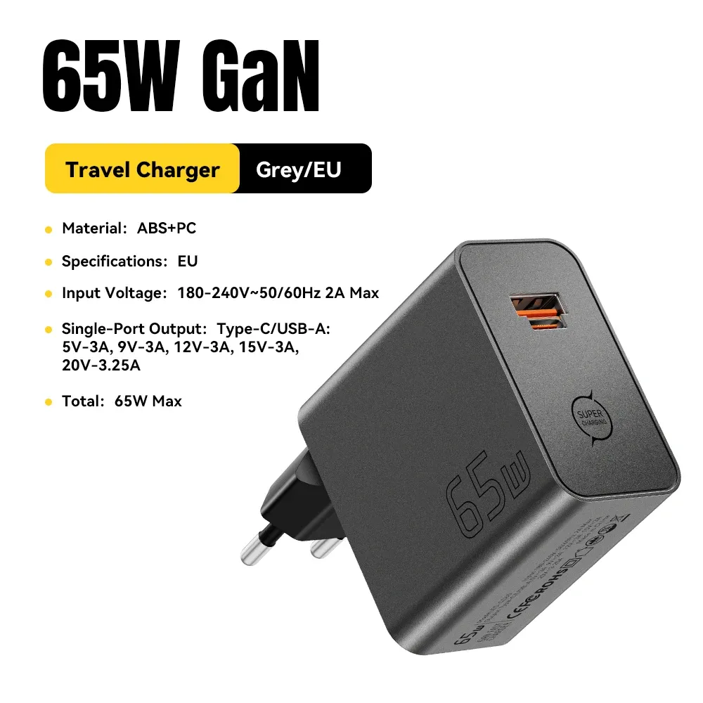Chargeur GaN ESSAGER 65W PD 3.0 PPS QC 4.0 compatible iPhone 17, iPhone 16, Samsung S26, MacBook Air, Huawei et ordinateurs portables, chargeur rapide USB-C 9