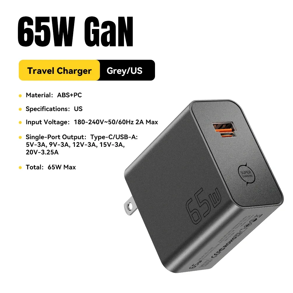 Chargeur GaN ESSAGER 65W PD 3.0 PPS QC 4.0 compatible iPhone 17, iPhone 16, Samsung S26, MacBook Air, Huawei et ordinateurs portables, chargeur rapide USB-C 10