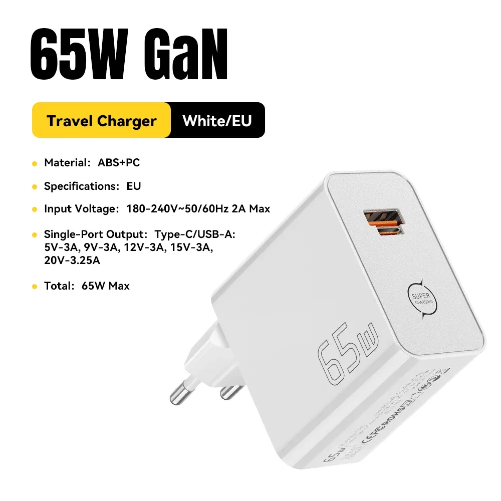 Chargeur GaN ESSAGER 65W PD 3.0 PPS QC 4.0 compatible iPhone 17, iPhone 16, Samsung S26, MacBook Air, Huawei et ordinateurs portables, chargeur rapide USB-C 8