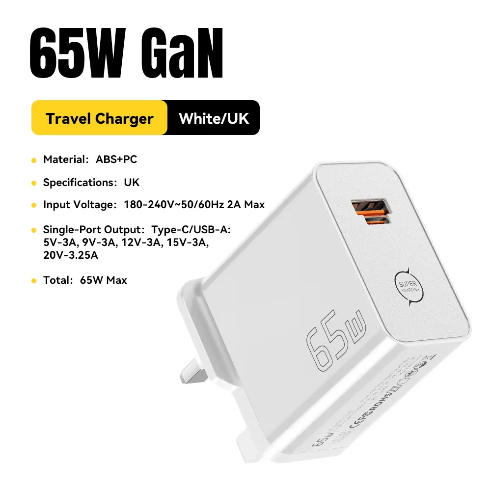 Chargeur GaN ESSAGER 65W PD 3.0 PPS QC 4.0 compatible iPhone 17, iPhone 16, Samsung S26, MacBook Air, Huawei et ordinateurs portables, chargeur rapide USB-C 12
