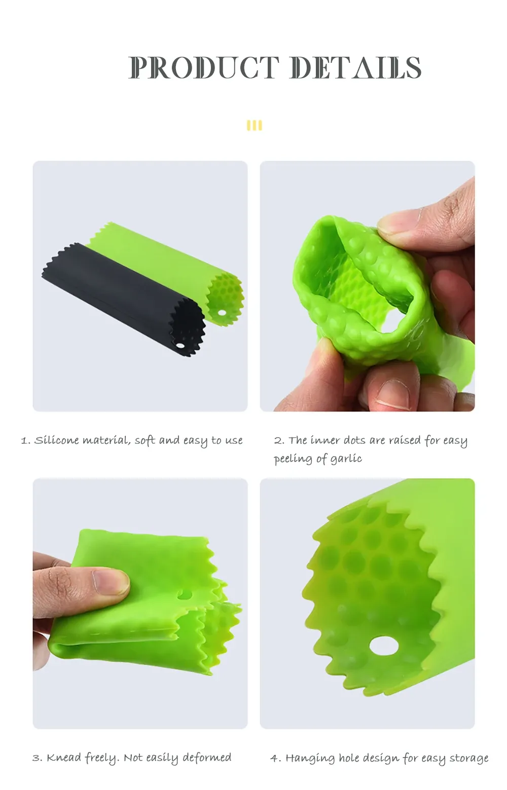 Éplucheur d'ail en silicone, présentation produit