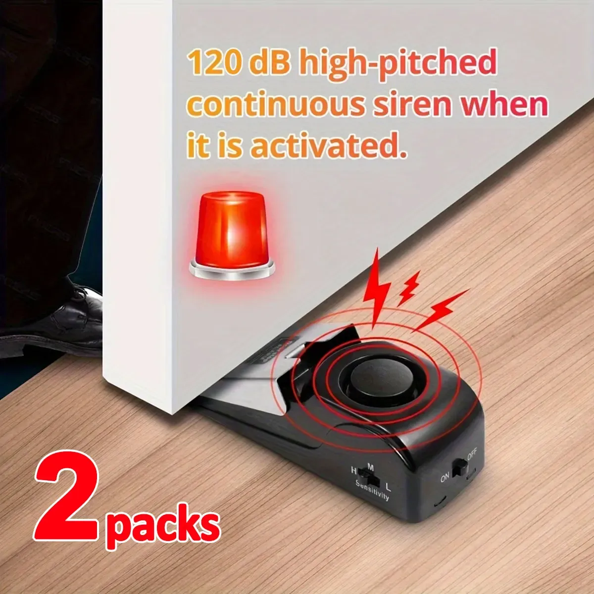Lot de 2 alarmes de porte sans fil 120 dB avec cale de sécurité réglable
