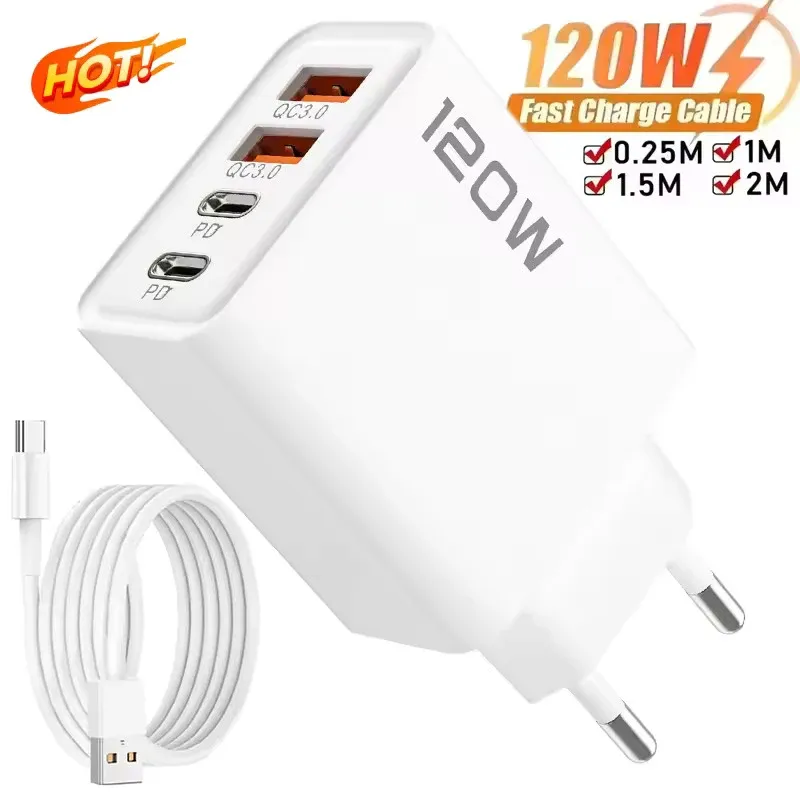 Station de chargeur rapide USB-C 4 ports 120 W avec Power Delivery et QC 3.0, adaptateur mural et câble de données compatible iPhone, Samsung, Xiaomi et Huawei - Image 1