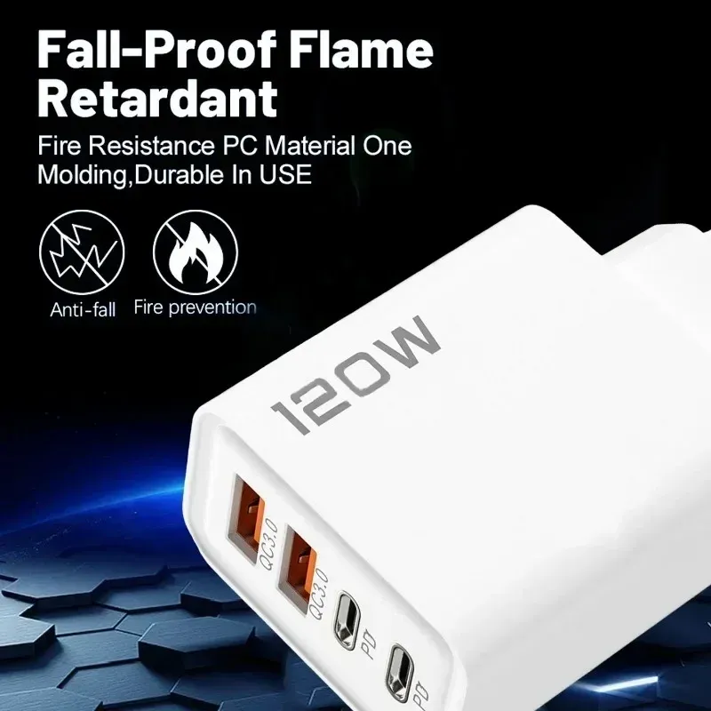 Station de chargeur rapide USB-C 4 ports 120 W avec Power Delivery et QC 3.0, adaptateur mural et câble de données compatible iPhone, Samsung, Xiaomi et Huawei 4