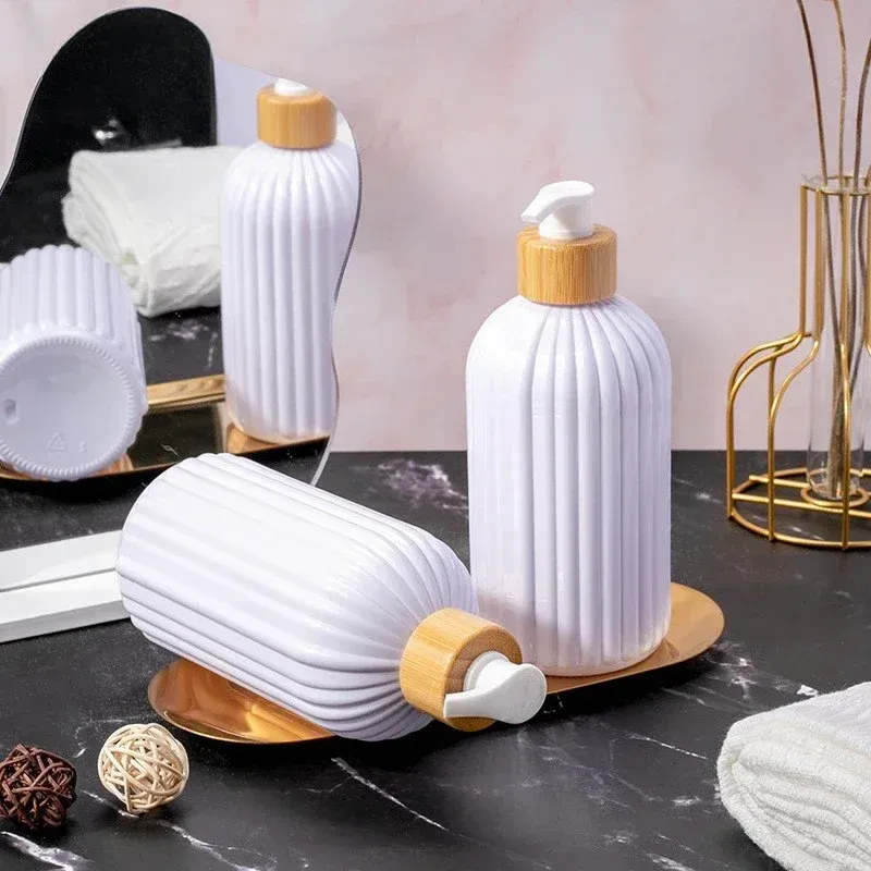 Distributeur de savon rechargeable de 500 ml avec pompe en bambou pour shampoing, après-shampooing, lotion et gel douche 5