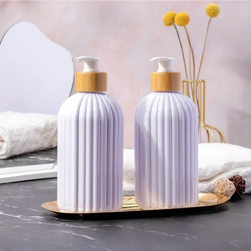 Distributeur de savon rechargeable de 500 ml avec pompe en bambou pour shampoing, après-shampooing, lotion et gel douche 6