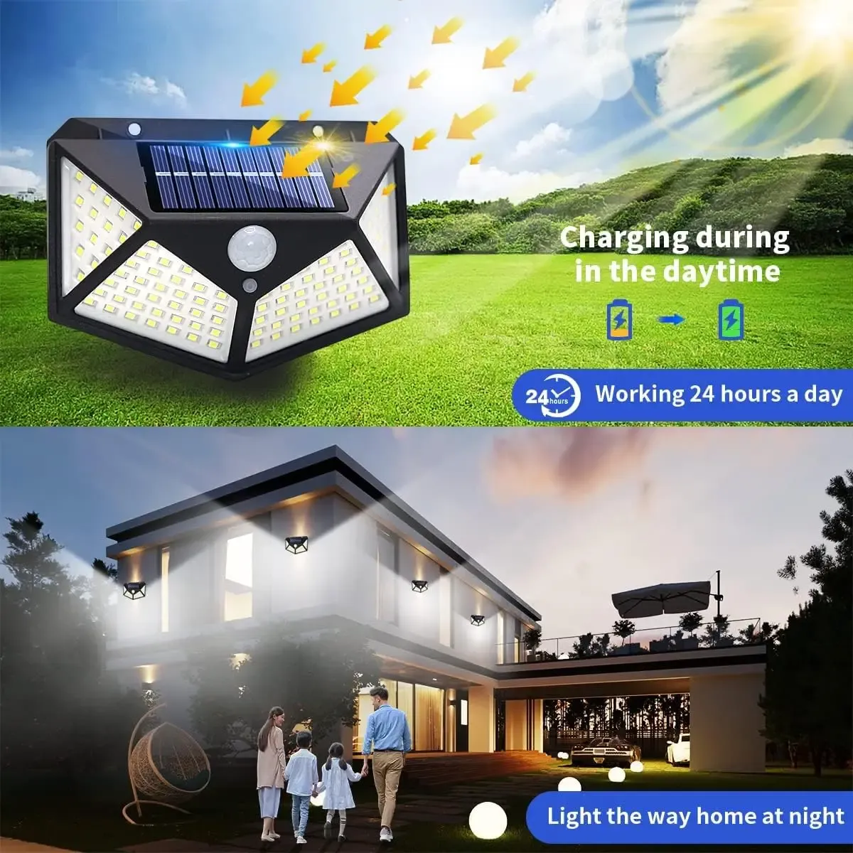 Projecteur solaire d'extérieur à détecteur de mouvement PIR, 100 LED étanche, pour jardin, cour et allée 3