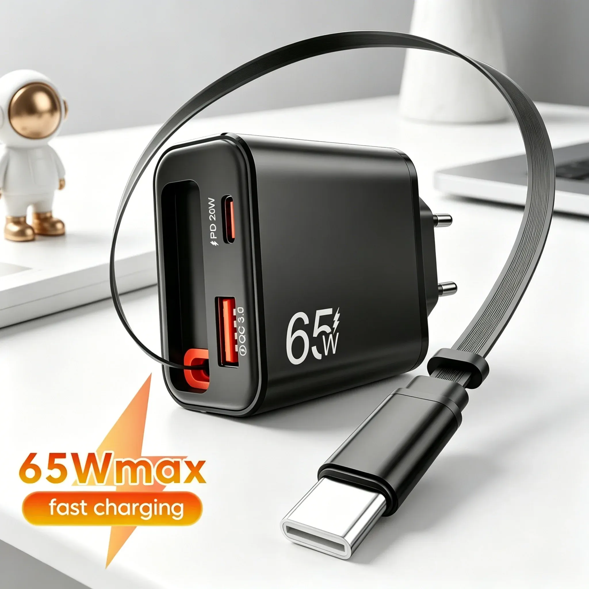 Chargeur mural USB 65 W avec câble USB-C rétractable, charge ultra-rapide pour iPhone 17, iPhone 16, POCO et Xiaomi, compatible QC 3.0 et USB PD
