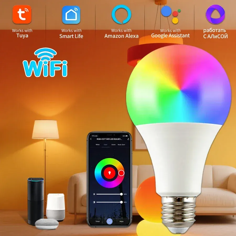 Ampoule LED RGB intelligente Tuya WiFi E27, 10 W, 15 W, 20 W, 220 V / 110 V, compatible application Smart Life et commande vocale Google Assistant - Image 1