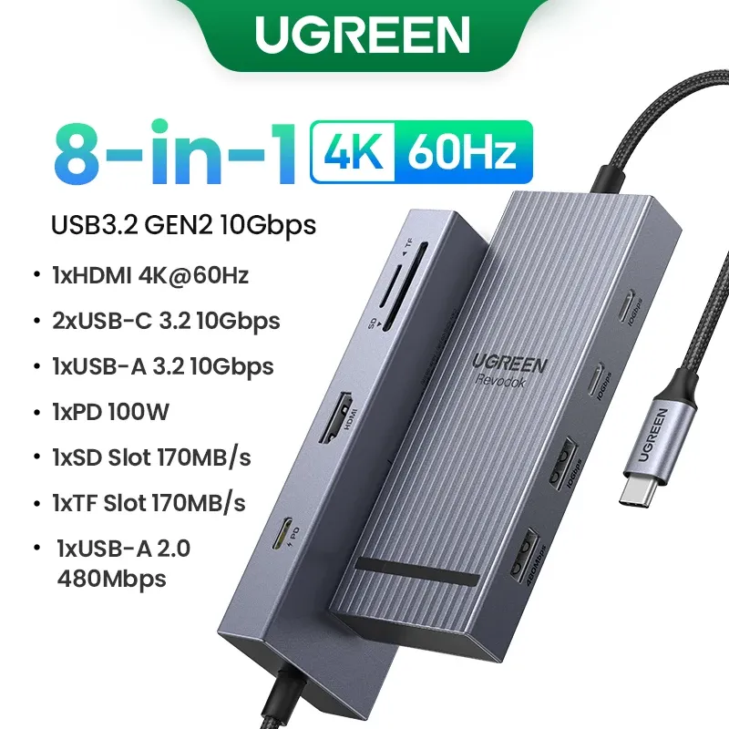 UGREEN Hub USB-C 10 Gbps 4K 60 Hz HDMI USB 3.2 PD 100 W, répartiteur USB pour ordinateur portable MacBook Pro, Air, iPad, téléphone Android, station d'accueil 9