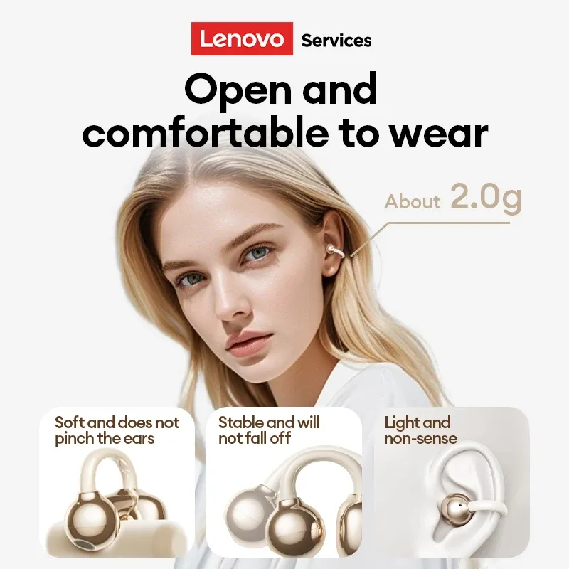 Écouteurs sans fil Lenovo RS103 à oreille ouverte, clip d'oreille, Bluetooth 6.0, son stéréo Hi-Fi, pour jeu et musique, avec étui de rangement 6
