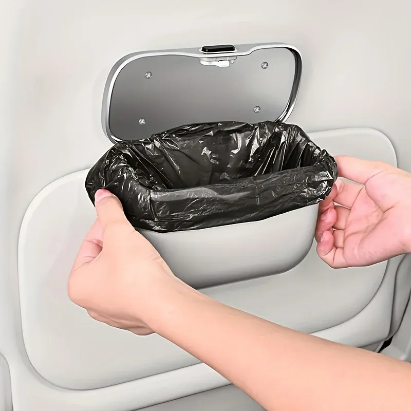 Poubelle de voiture multifonctionnelle à couvercle à bouton-poussoir, poubelle suspendue pour usage humide et sec 4