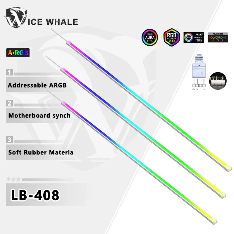 ICE Whale LB-408 Bande lumineuse ARGB adressable 5V 3 broches pour boîtier PC, en caoutchouc souple, câble arc-en-ciel, accessoire DIY décoratif