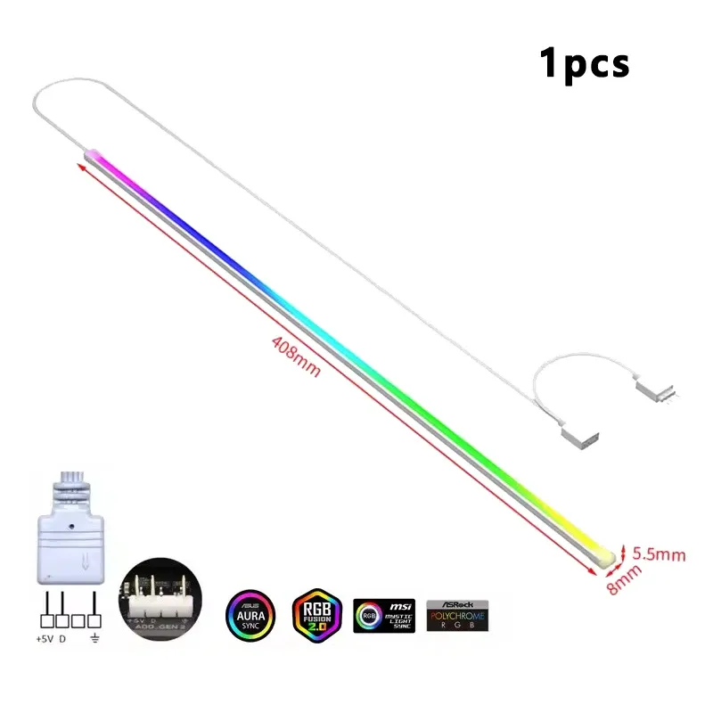 ICE Whale LB-408 Bande lumineuse ARGB adressable 5V 3 broches pour boîtier PC, en caoutchouc souple, câble arc-en-ciel, accessoire DIY décoratif 7