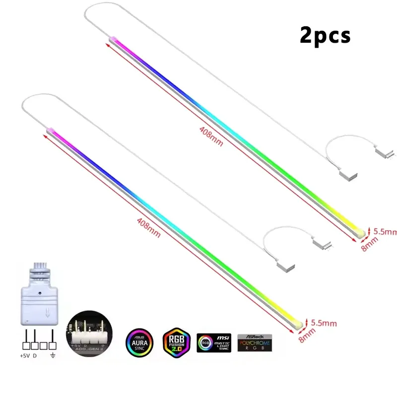 ICE Whale LB-408 Bande lumineuse ARGB adressable 5V 3 broches pour boîtier PC, en caoutchouc souple, câble arc-en-ciel, accessoire DIY décoratif 8