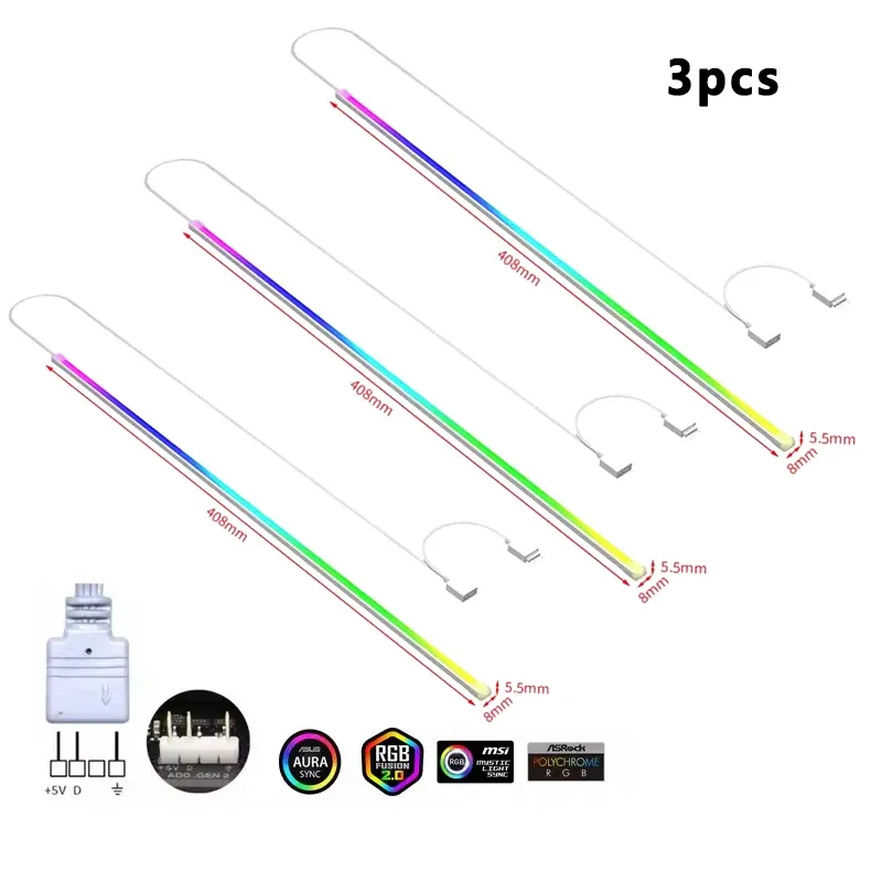 ICE Whale LB-408 Bande lumineuse ARGB adressable 5V 3 broches pour boîtier PC, en caoutchouc souple, câble arc-en-ciel, accessoire DIY décoratif 9