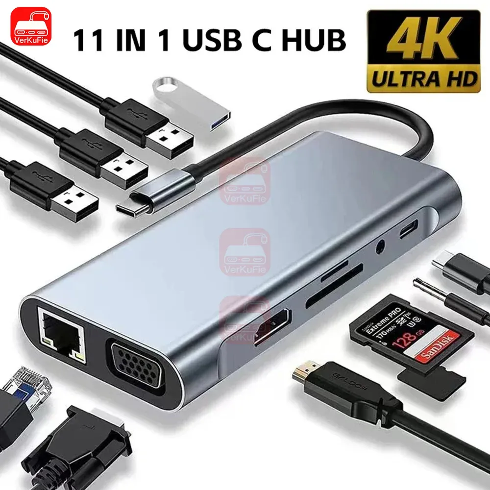 Hub USB-C 4K 30Hz vers HDMI, adaptateur USB 3.0 11 en 1, station d'accueil PD 87 W, séparateur USB-C pour MacBook Pro et Air