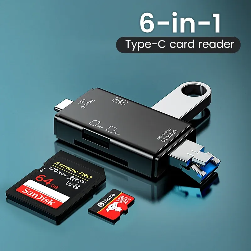 Lecteur de carte SD OTG multifonction 6 en 1, USB 2.0 Type-C, TF et SD pour ordinateur portable, adaptateur 1