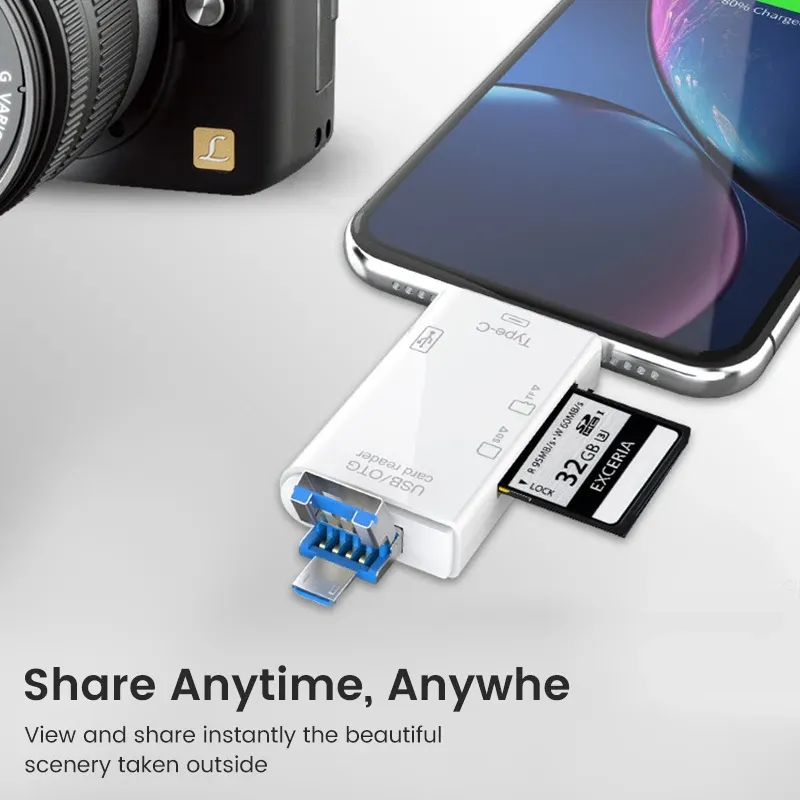 Lecteur de carte SD OTG multifonction 6 en 1, USB 2.0 Type-C, TF et SD pour ordinateur portable, adaptateur 4