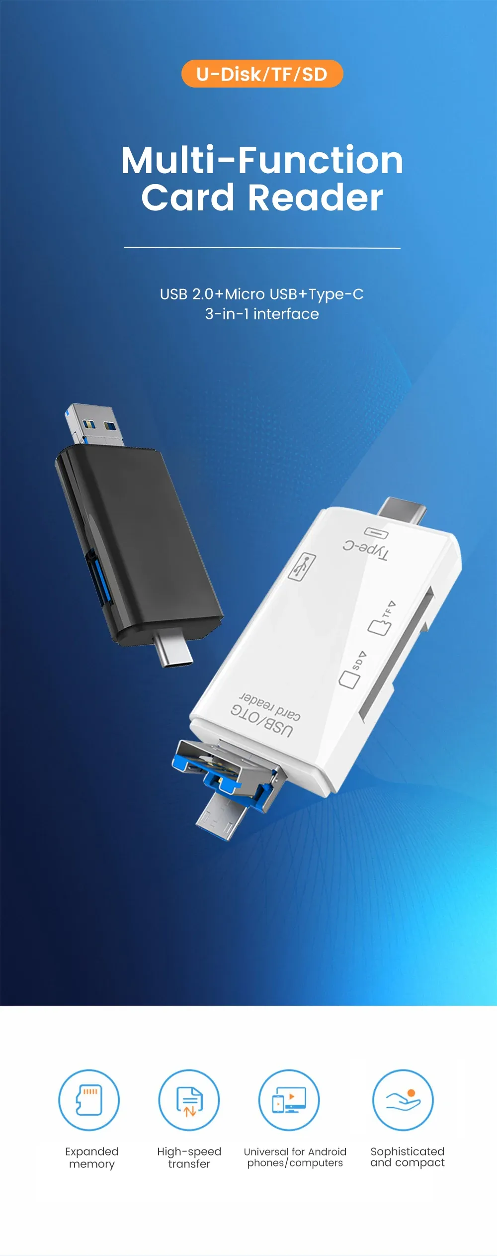 Lecteur de carte SD OTG multifonction 6 en 1 en vue détaillée