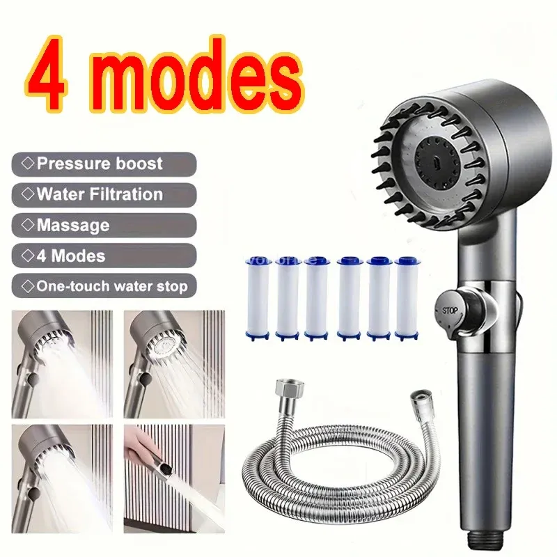 Pommeau de douche 4 modes à haute pression avec filtre, portable, effet pluie