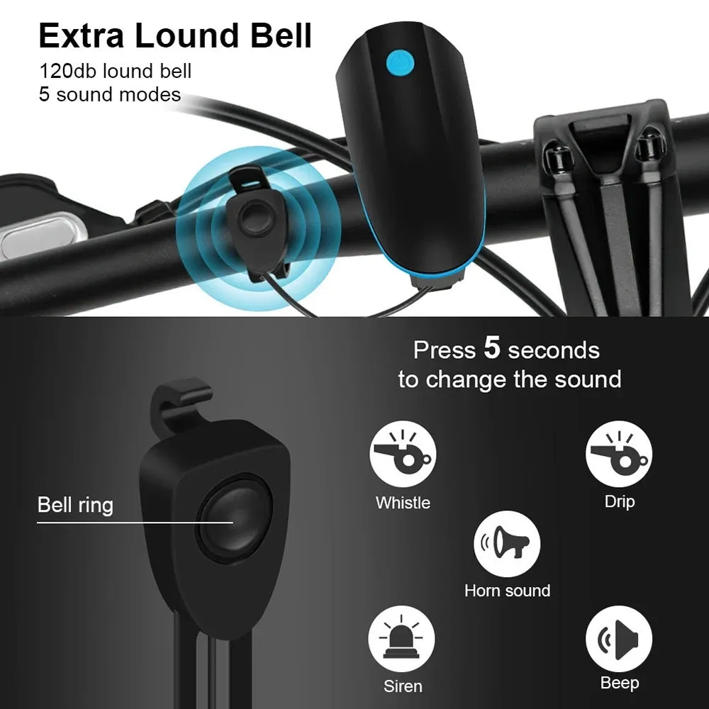 Phare LED rechargeable pour vélo avec klaxon et télécommande, 3 modes d'éclairage 3