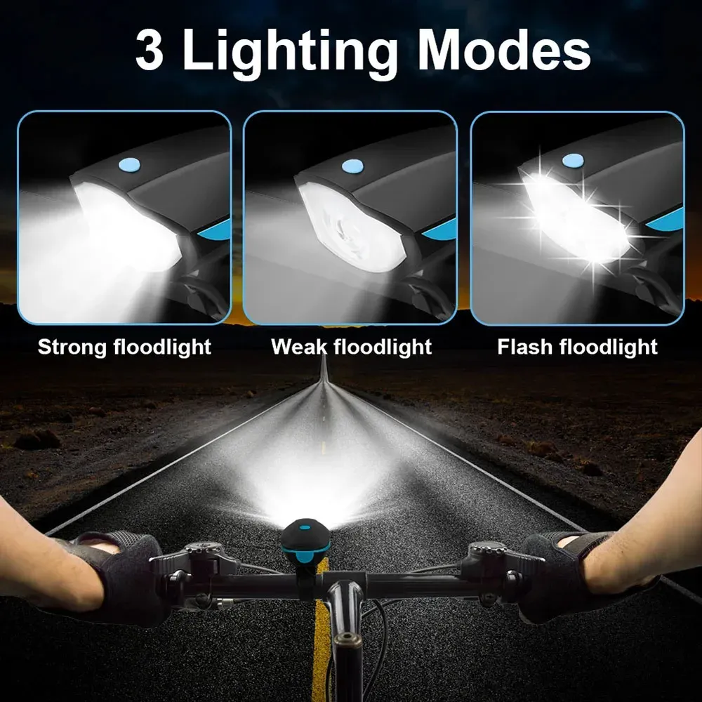 Phare LED rechargeable pour vélo avec klaxon et télécommande, 3 modes d'éclairage 4