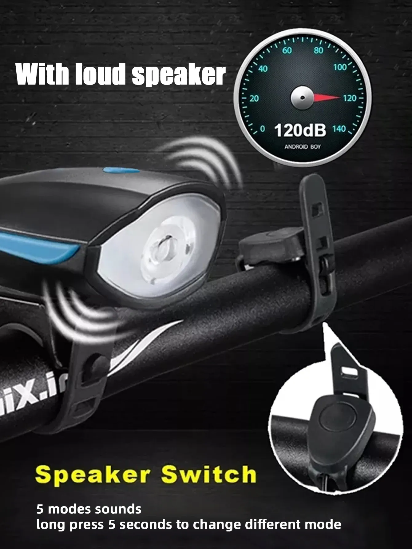 Phare et klaxon de vélo rechargeable, vue d'ensemble