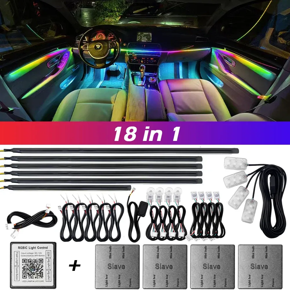 Kit d'éclairage d'ambiance LED RVB pour voiture, 18 en 1, à double zone, avec bande néon en acrylique et contrôle par application 1