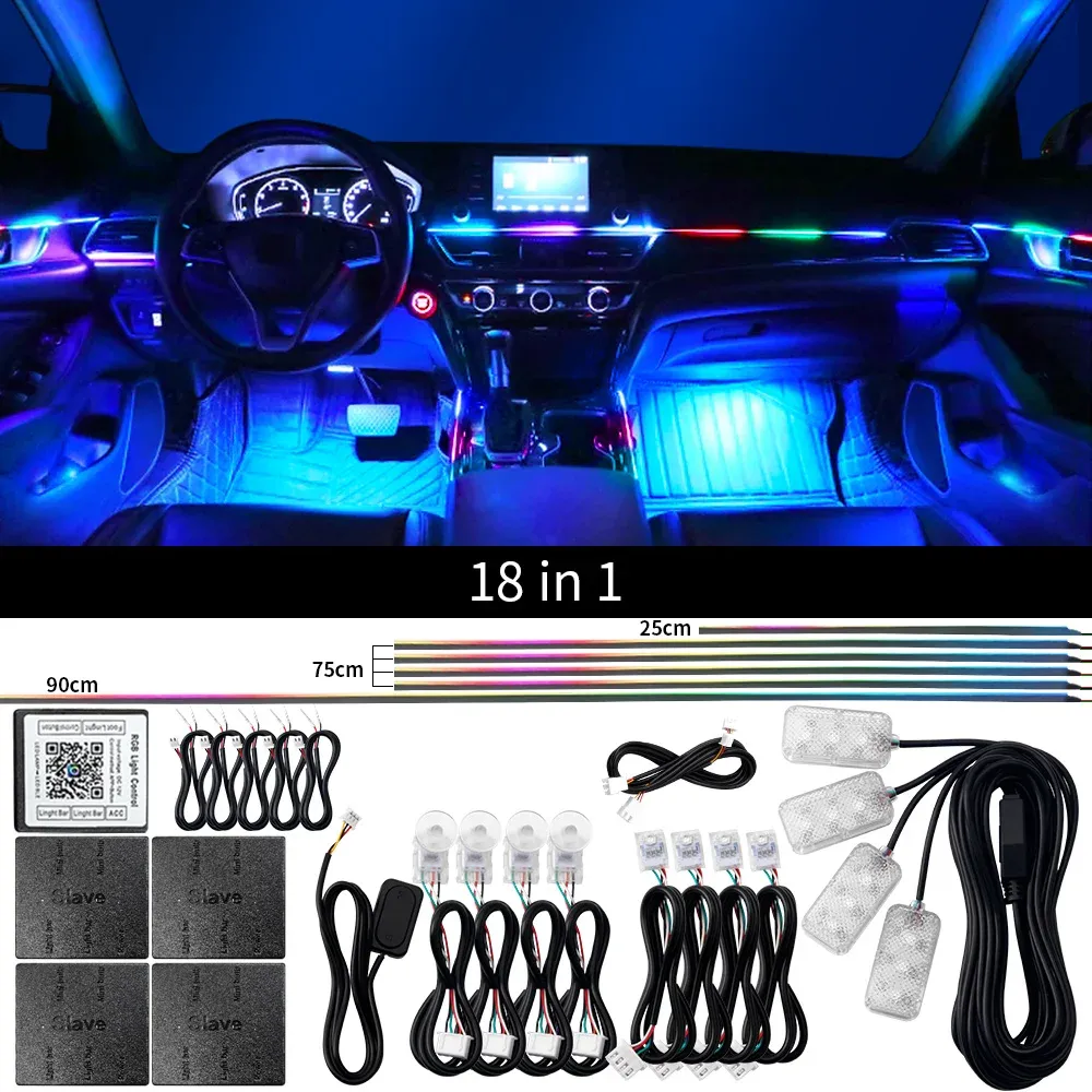 Kit d'éclairage d'ambiance LED RVB pour voiture, 18 en 1, à double zone, avec bande néon en acrylique et contrôle par application 11