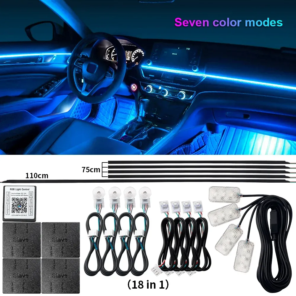 Kit d'éclairage d'ambiance LED RVB pour voiture, 18 en 1, à double zone, avec bande néon en acrylique et contrôle par application 14