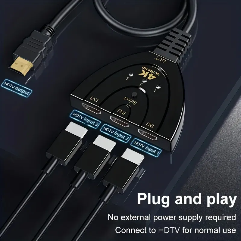 Commutateur HDMI 4K x 2K à 3 ports avec sortie unique, compatible 3D, pour Xbox, PS4, lecteur DVD, PC, ordinateur portable et téléviseur 2