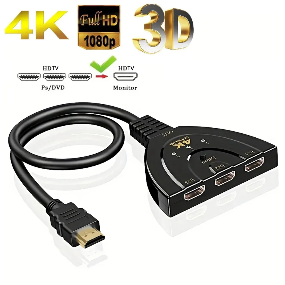 Commutateur HDMI 4K x 2K à 3 ports avec sortie unique, compatible 3D, pour Xbox, PS4, lecteur DVD, PC, ordinateur portable et téléviseur 7