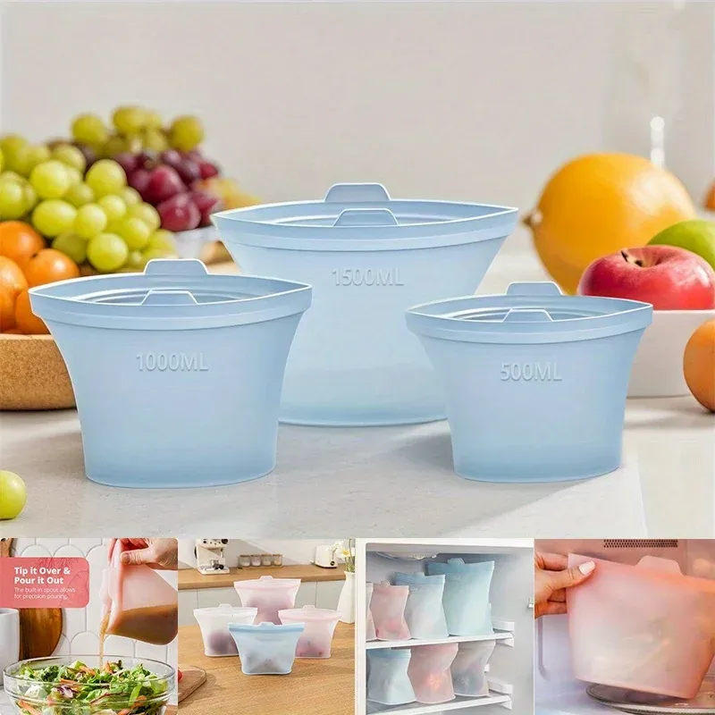 Sacs de conservation alimentaire réutilisables en silicone à fermeture zippée, compatibles lave-vaisselle, micro-ondes et four 2