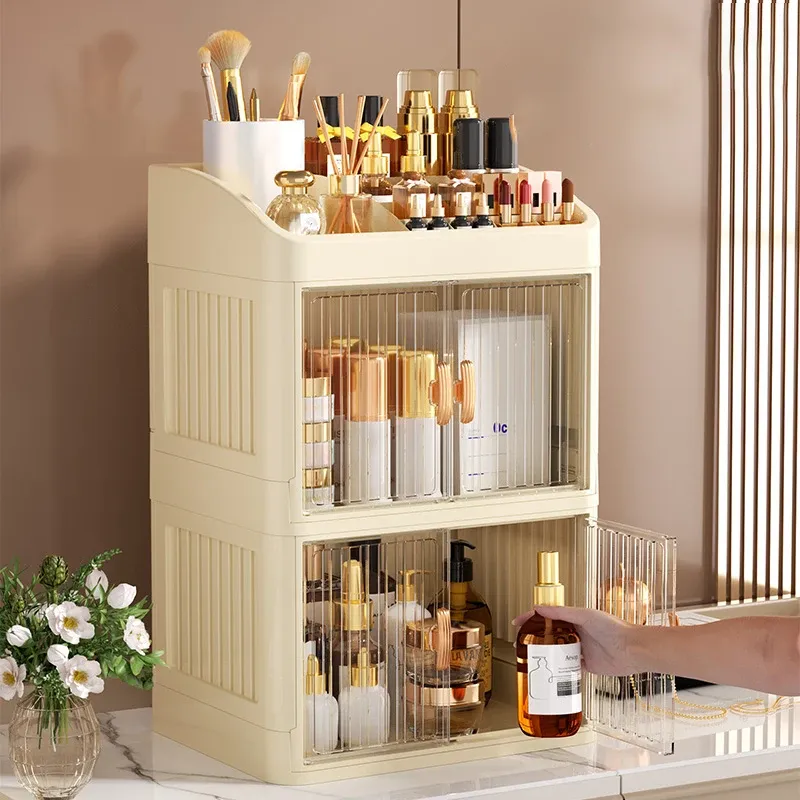 Organisateur de maquillage pliable à 3 à 4 niveaux avec tiroir – Rangement spacieux pour cosmétiques, bijoux, parfums, rouges à lèvres, pinceaux de maquillage, papeterie et articles de salle de bain. Facile à assembler, design compact.