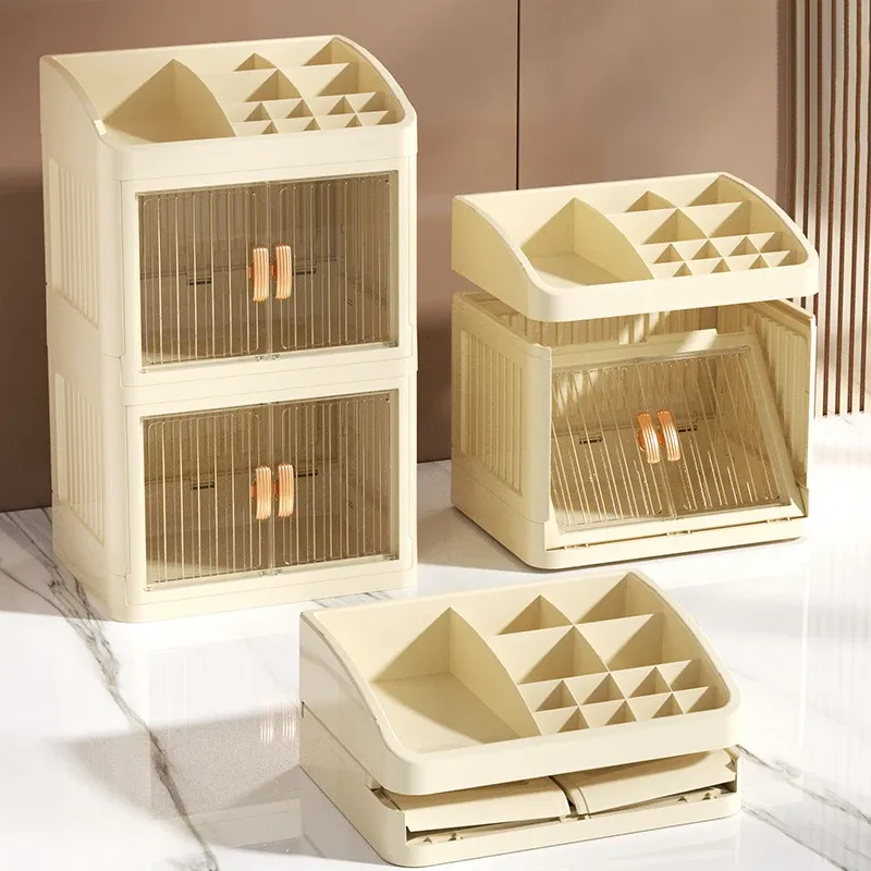 Organisateur de maquillage pliable à 3 à 4 niveaux avec tiroir – Rangement spacieux pour cosmétiques, bijoux, parfums, rouges à lèvres, pinceaux de maquillage, papeterie et articles de salle de bain. Facile à assembler, design compact. 4