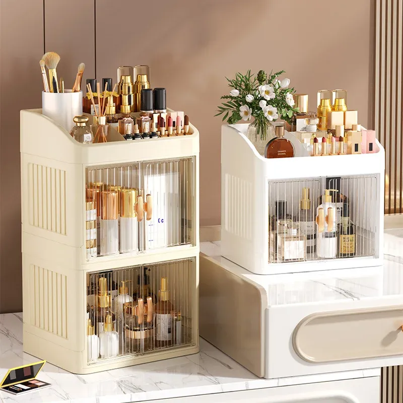 Organisateur de maquillage pliable à 3 à 4 niveaux avec tiroir – Rangement spacieux pour cosmétiques, bijoux, parfums, rouges à lèvres, pinceaux de maquillage, papeterie et articles de salle de bain. Facile à assembler, design compact. 5