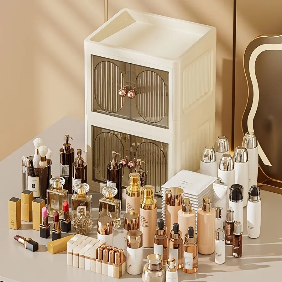 Organisateur de maquillage pliable à étages modulables, vue d'ensemble