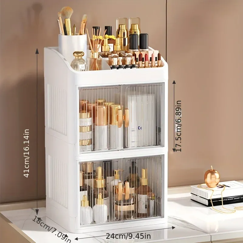 Organisateur de maquillage pliable à 3 à 4 niveaux avec tiroir – Rangement spacieux pour cosmétiques, bijoux, parfums, rouges à lèvres, pinceaux de maquillage, papeterie et articles de salle de bain. Facile à assembler, design compact. 8