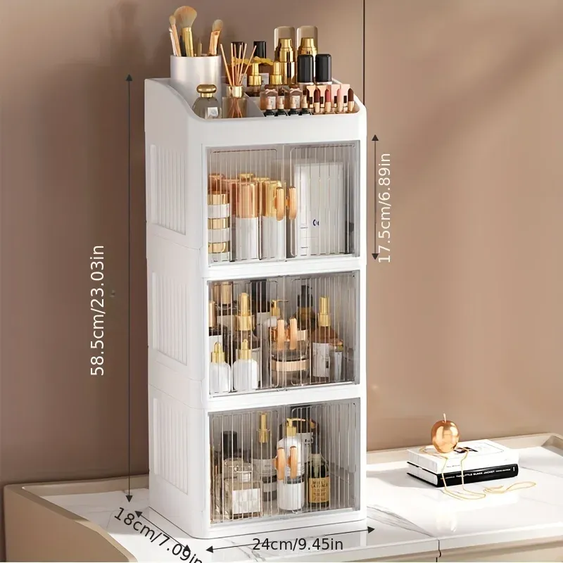 Organisateur de maquillage pliable à 3 à 4 niveaux avec tiroir – Rangement spacieux pour cosmétiques, bijoux, parfums, rouges à lèvres, pinceaux de maquillage, papeterie et articles de salle de bain. Facile à assembler, design compact. 7